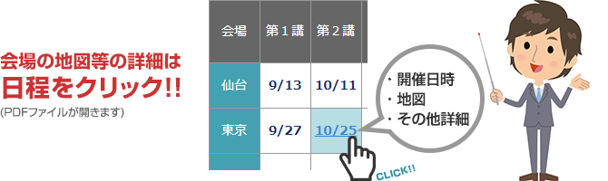 会場の地図等の詳細は日程をクリック